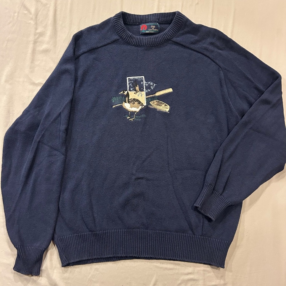 Vintage Isle of Cotton Mens Navy Blue Goose Boat Embroidered Sweater Size M USA